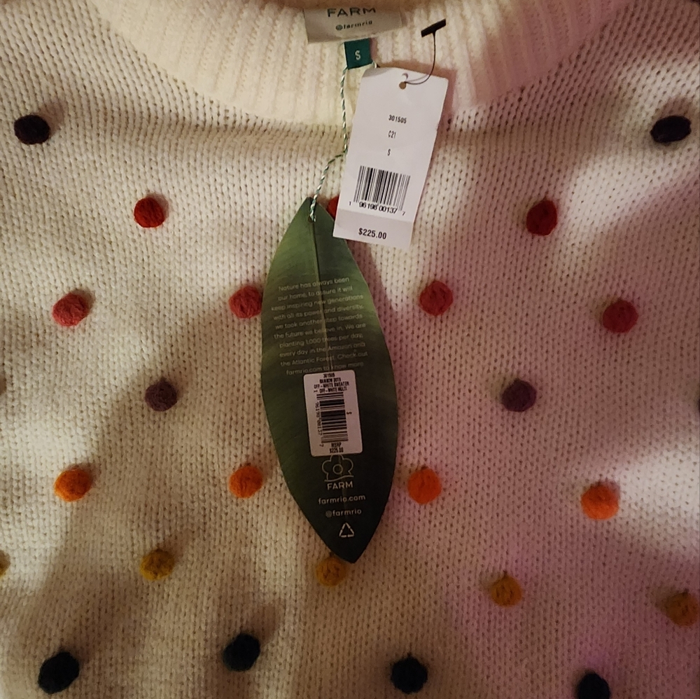 White FARM Sweater with colorful dots, size small. - Picture 2 of 8